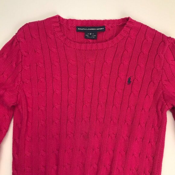 RALPH LAUREN SPORT Slim Fit Pink Raspberry M Crew Neck Cable Sweater - Picture 1 of 7